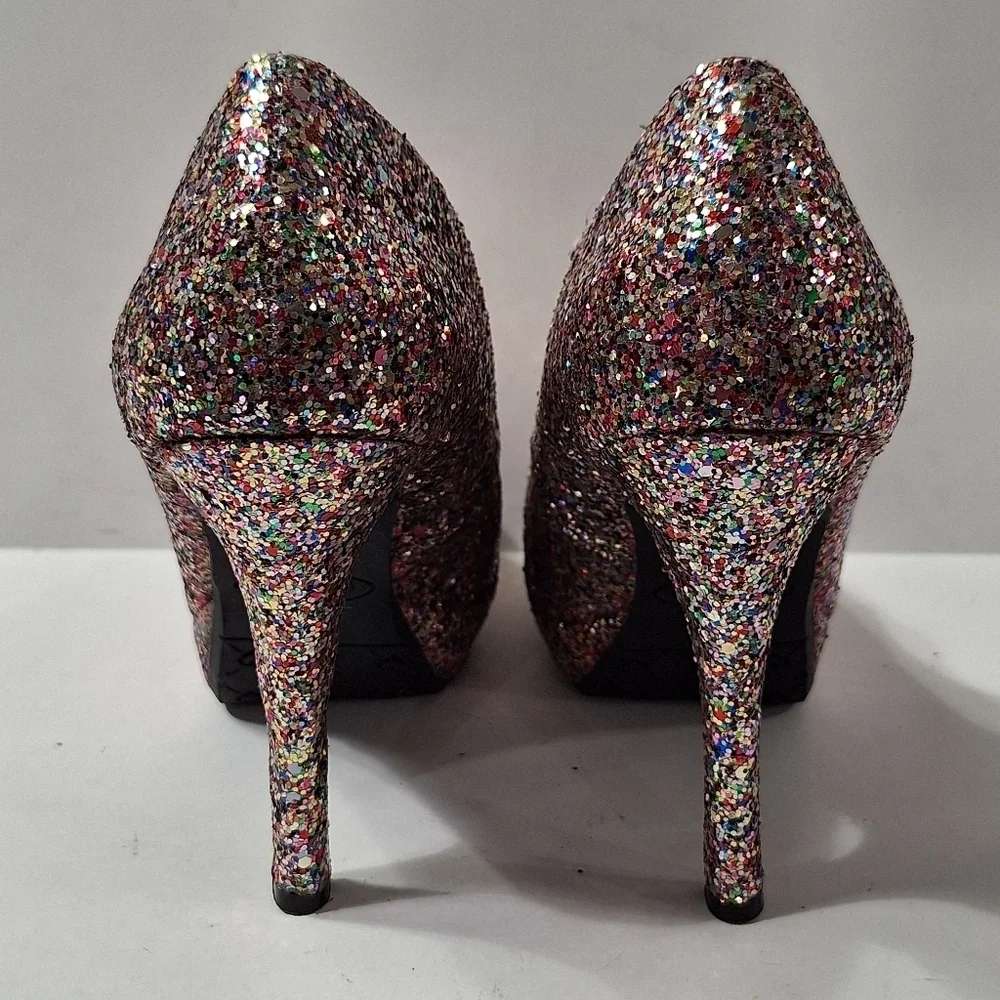 Candies Bohemian Retro Glitter Rainbow Peep Toe Platform Stiletto Heels Size 6.5